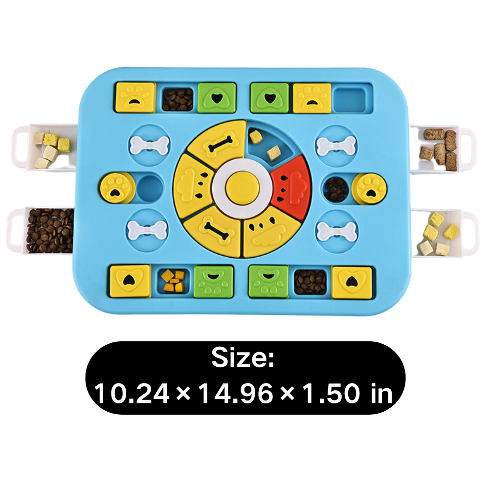 Dog puzzle feeder dimensions – size chart with measurements in cm and inches