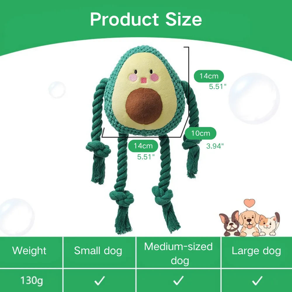 Wholesale avocado plush squeaky dog toy with rope knots size reference