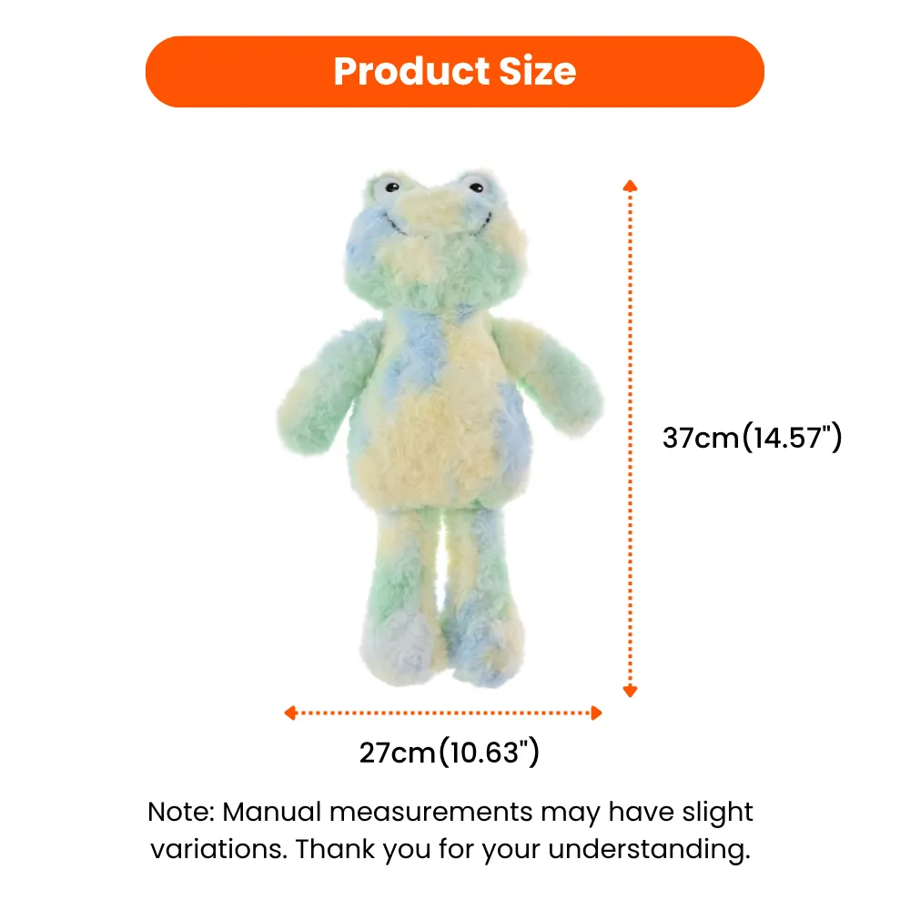 Size chart of colorful frog plush dog toy with length measurement