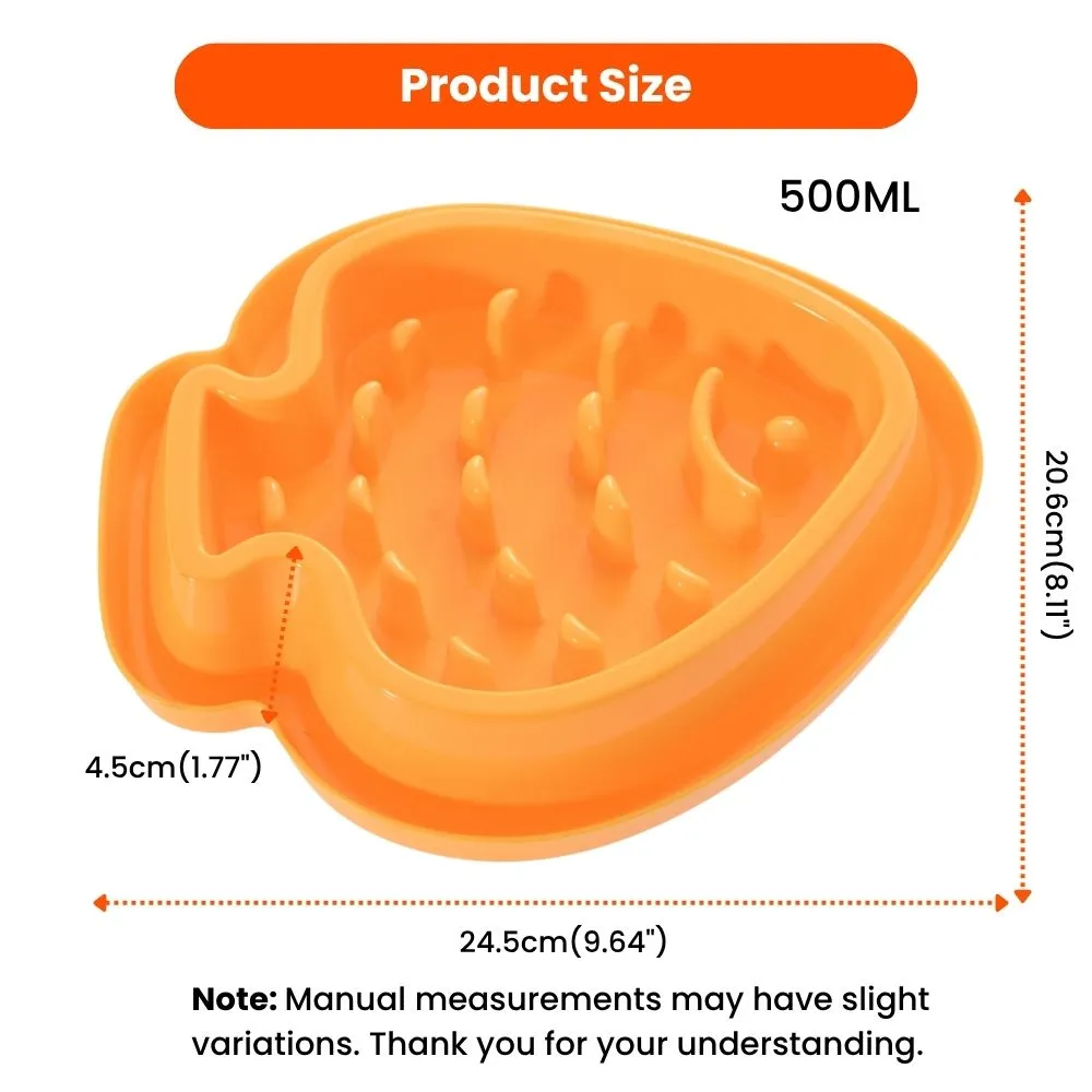 Size chart showing dimensions of Easter carrot PP dog slow feeder bowl