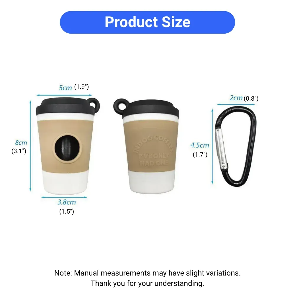 Size chart with measurements of coffee cup pet waste bag dispenser