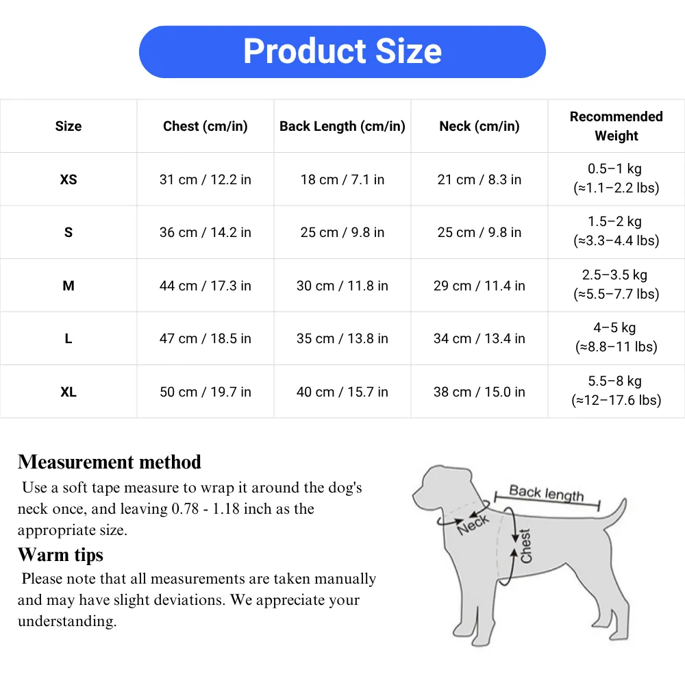 Size chart for small dog summer vest including chest, neck, and back length measurements.