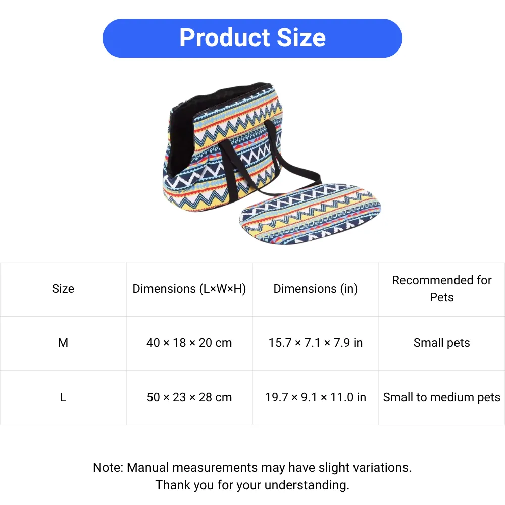 Size Chart of Lightweight Pet Shoulder Carrier Bag for Small Pets