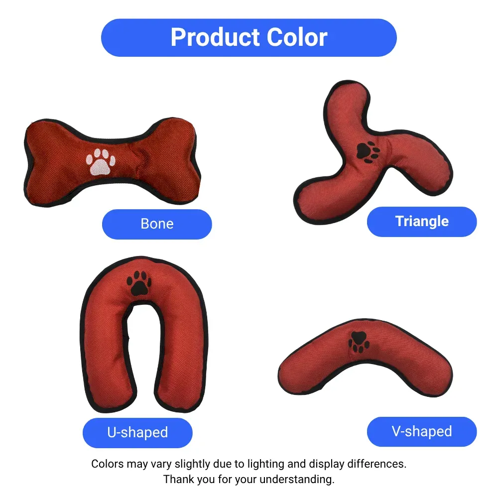 Product specification chart for 4 assorted dog training toys: Bone, Triangle, U-shaped, V-shaped