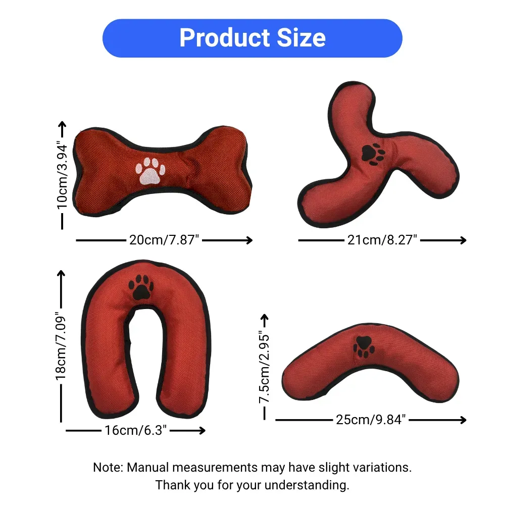 Size chart of 4 assorted dog training toy shapes: Bone, Triangle, U-shaped, V-shaped
