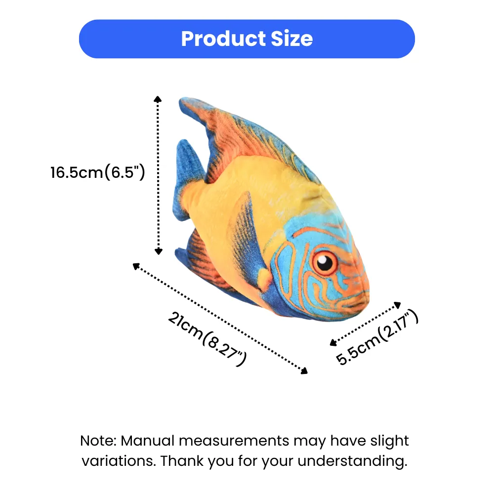 realistic fish plush dog toy size reference for small and medium dogs