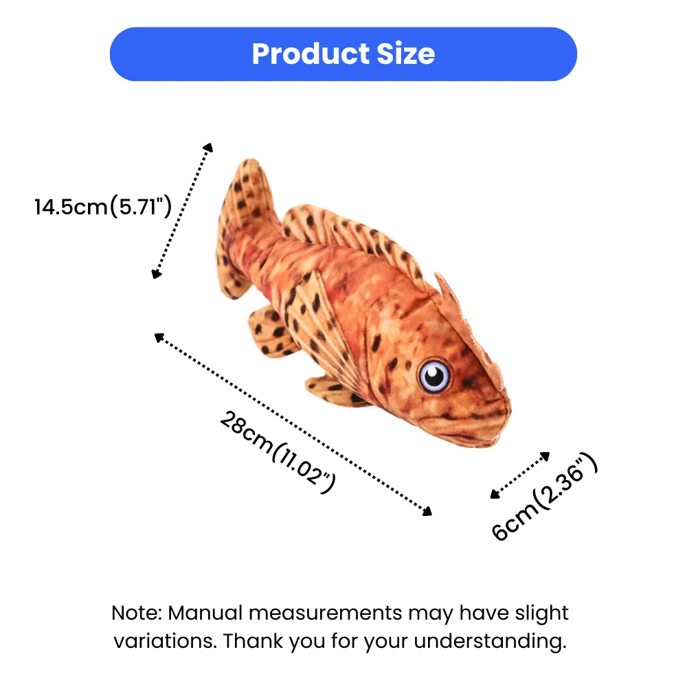 stonefish plush dog toy size reference for small and medium dogs