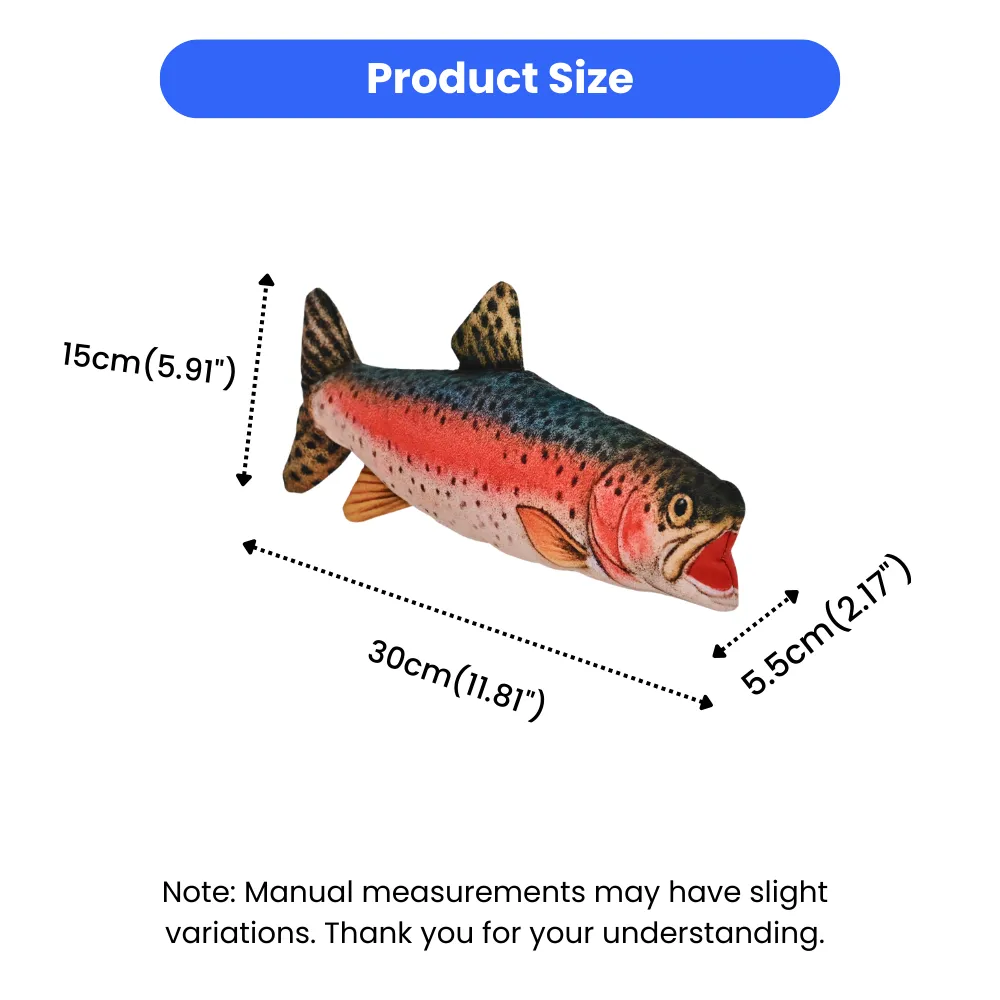 rainbow trout plush dog toy size reference for small and medium dogs