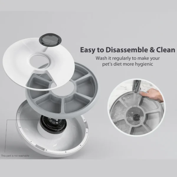 10001 Close-up of digital timer and feeding tray on 6-meal automatic pet food dispenser