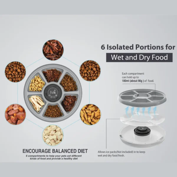 10004 Close-up of digital timer and feeding tray on 6-meal automatic pet food dispenser