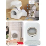 10004 Cat using self-cleaning automatic litter box with APP control in modern home