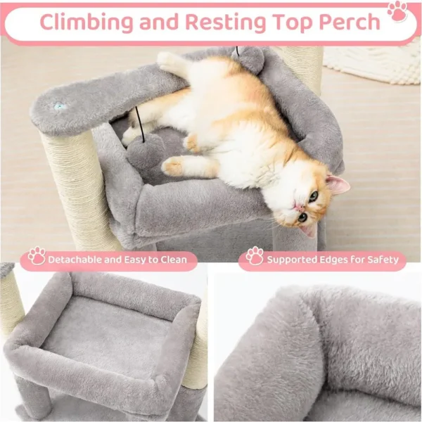 10006 Cat playing and resting on multi-level grey plush cat tree in modern living room