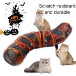 Cat playing inside foldable Halloween S-shaped tunnel toy