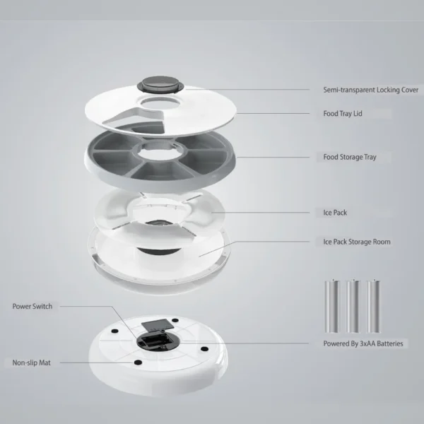 10007 Close-up of digital timer and feeding tray on 6-meal automatic pet food dispenser