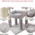 Close-up of durable sisal scratching posts and plush platforms on grey cat tower