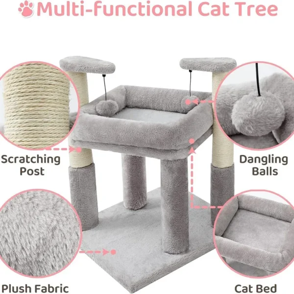 10007 Close-up of durable sisal scratching posts and plush platforms on grey cat tower