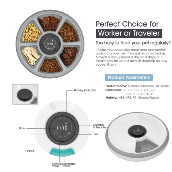 10008 Programmable 6-meal timed automatic pet feeder showing portion control and feeding schedule
