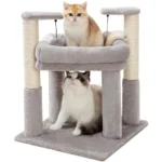 Plush grey kitten cat tower with scratching post