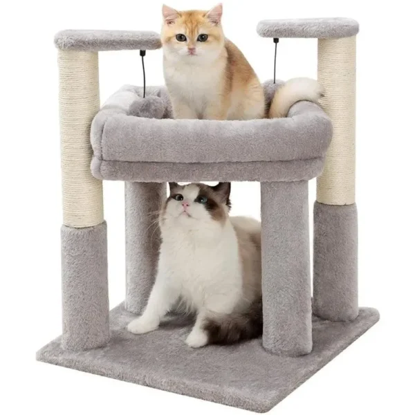 Plush grey kitten cat tower with scratching post