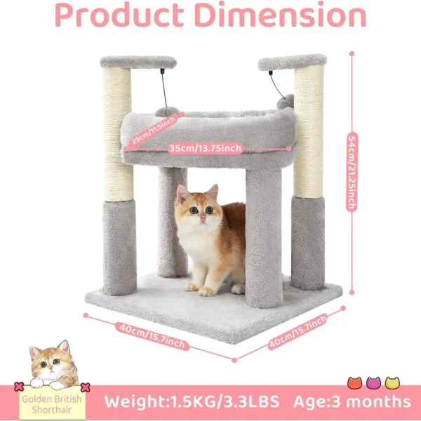 Dimensions of plush grey cat scratching post tower for kittens Size dimensions of grey plush multi-level cat tree tower with scratching posts
