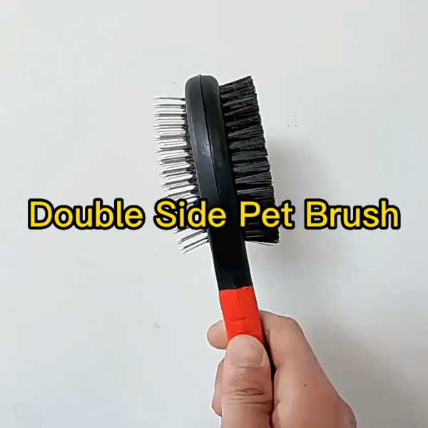 10001 Close-up of stainless steel pin side of double-sided pet brush for detangling