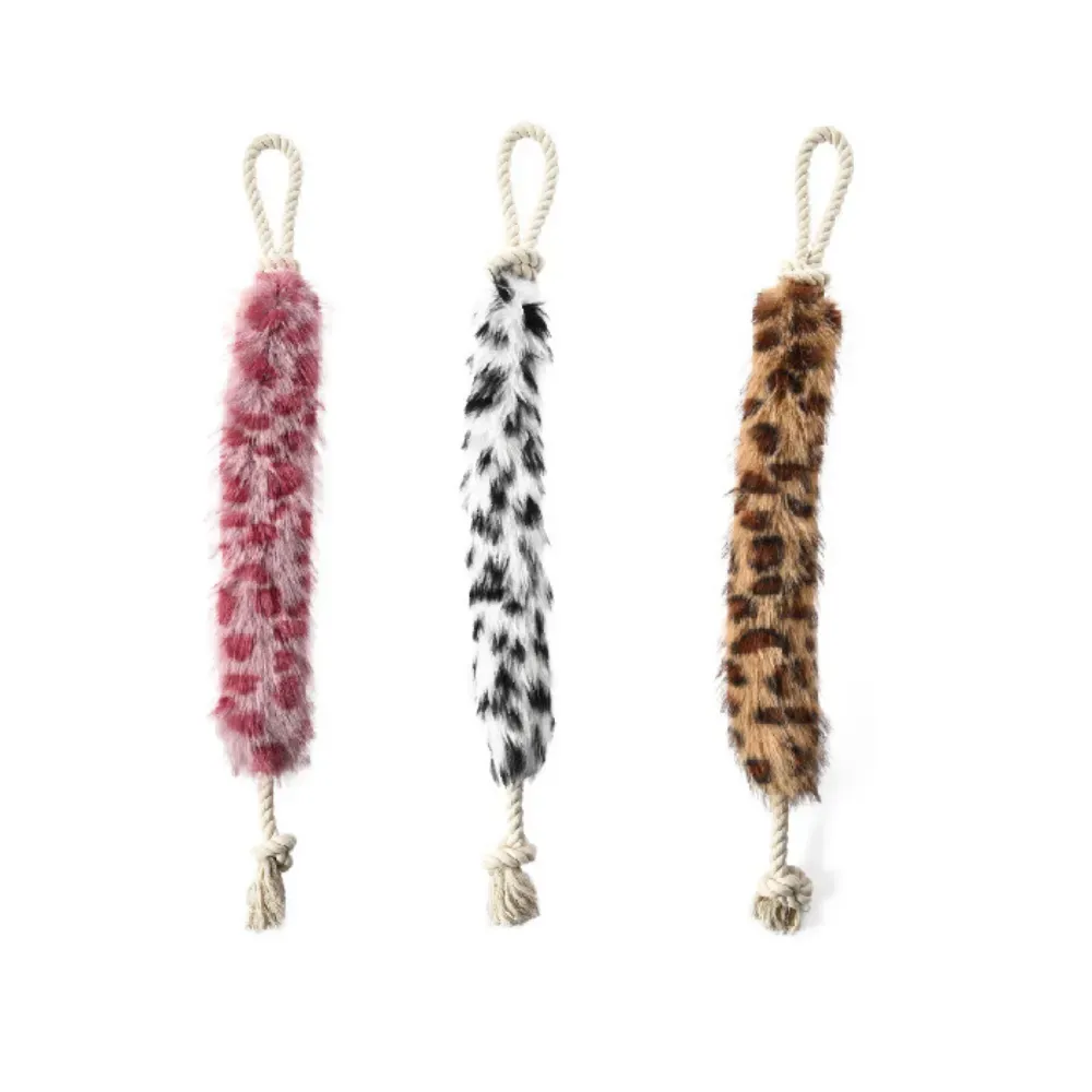 Wholesale dog chew rope toys with plush crinkle tails – bulk pet supplies in pink, brown, and white