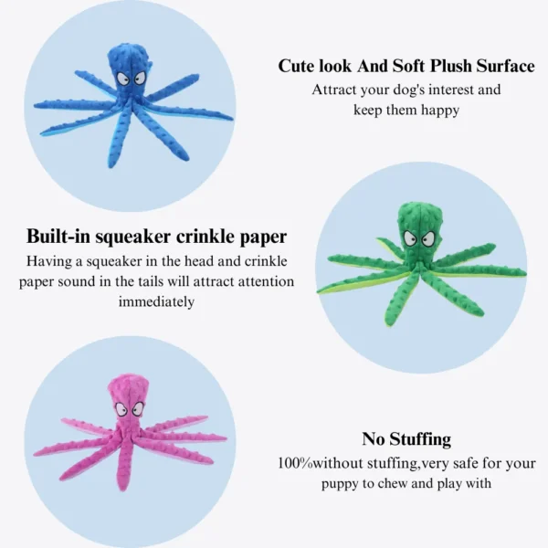 10001 Close-up view of durable stitching and squeaker inside plush octopus pet toy