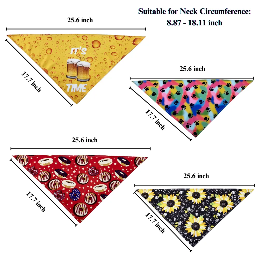 Summer pet bandana size chart – polyester printed scarves for dogs and cats, wholesale measurements