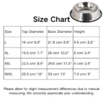 10001 Size chart showing dimensions for L, XL, XXL stainless steel pet feeding bowls