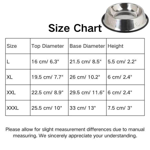 10001 Size chart showing dimensions for L, XL, XXL stainless steel pet feeding bowls