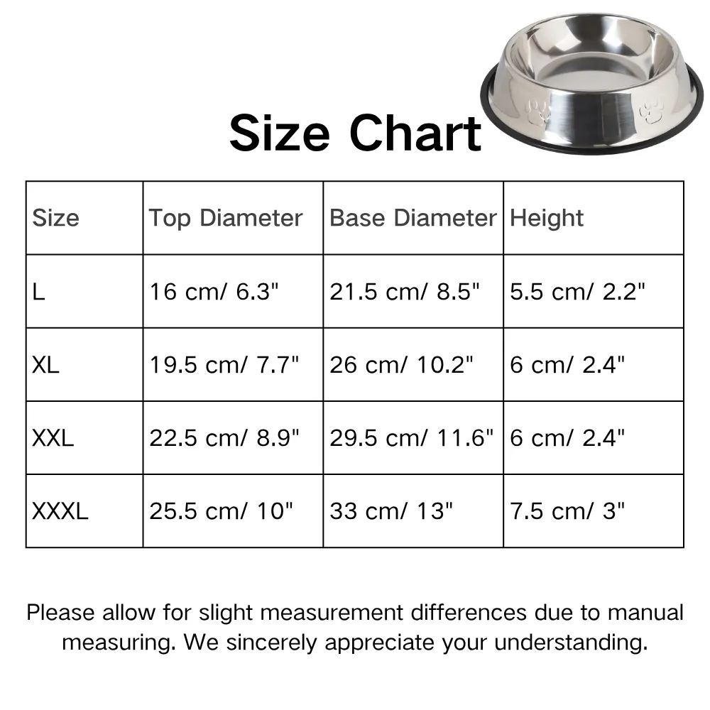 Size chart showing dimensions for L, XL, XXL stainless steel pet feeding bowls
