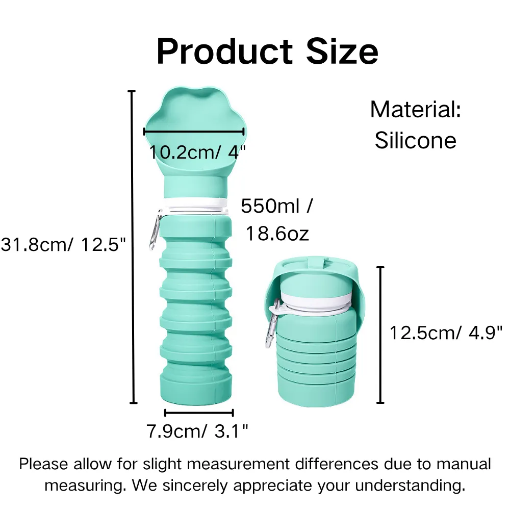 Size chart of portable foldable silicone pet water bottle for dogs and cats