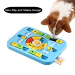 Pet owner demonstrating puzzle feeder in grooming shop or pet store display