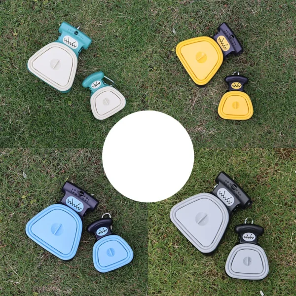 10001 Pet owner using portable poop scooper for dog waste cleanup outdoors