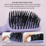 Close-up of bristles and ergonomic handle on horse grooming cleaning and washing brush