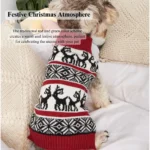 Small dog wearing festive reindeer sweater in cozy home Christmas setting – ideal for holiday promotions