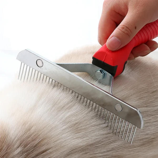 10002 Pet groomer using large stainless steel rake comb to remove mats and loose hair from medium to large dog – professional grooming tool wholesale