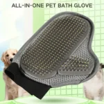 10002 Pet groomer using bath glove grooming brush on a golden retriever during bath time