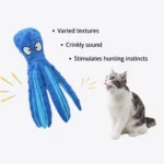 Cat playing with colorful plush octopus toy, suitable for pet stores and grooming shops