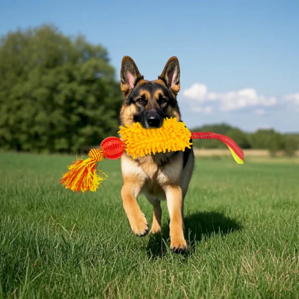 10002 Dog playing with interactive tug toy featuring treat dispensing ball and chewable mop section