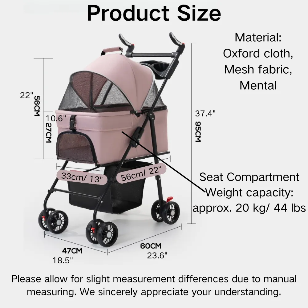 Size guide for deluxe foldable pet stroller with detachable carrier and 4 wheels