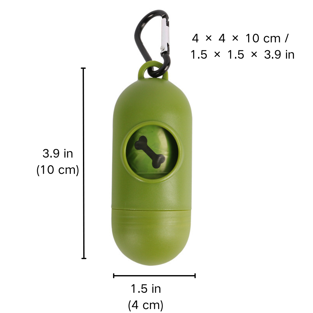 Size chart of dog poop bag dispenser with 2 rolls of biodegradable pet trash bags