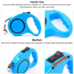 Lockable retractable dog leash in use with smooth nylon tape extension