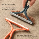 10002 Pet owner using double-sided pet hair remover brush on sofa and clothes