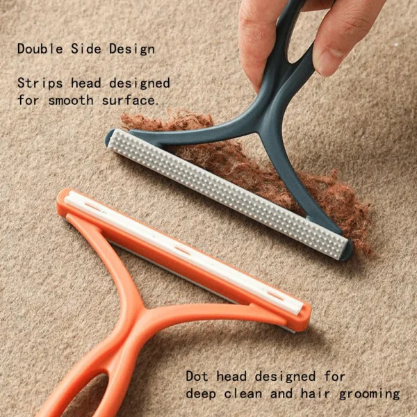 10002 Pet owner using double-sided pet hair remover brush on sofa and clothes