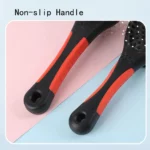 10002 Close-up of stainless steel pin side of double-sided pet brush for detangling