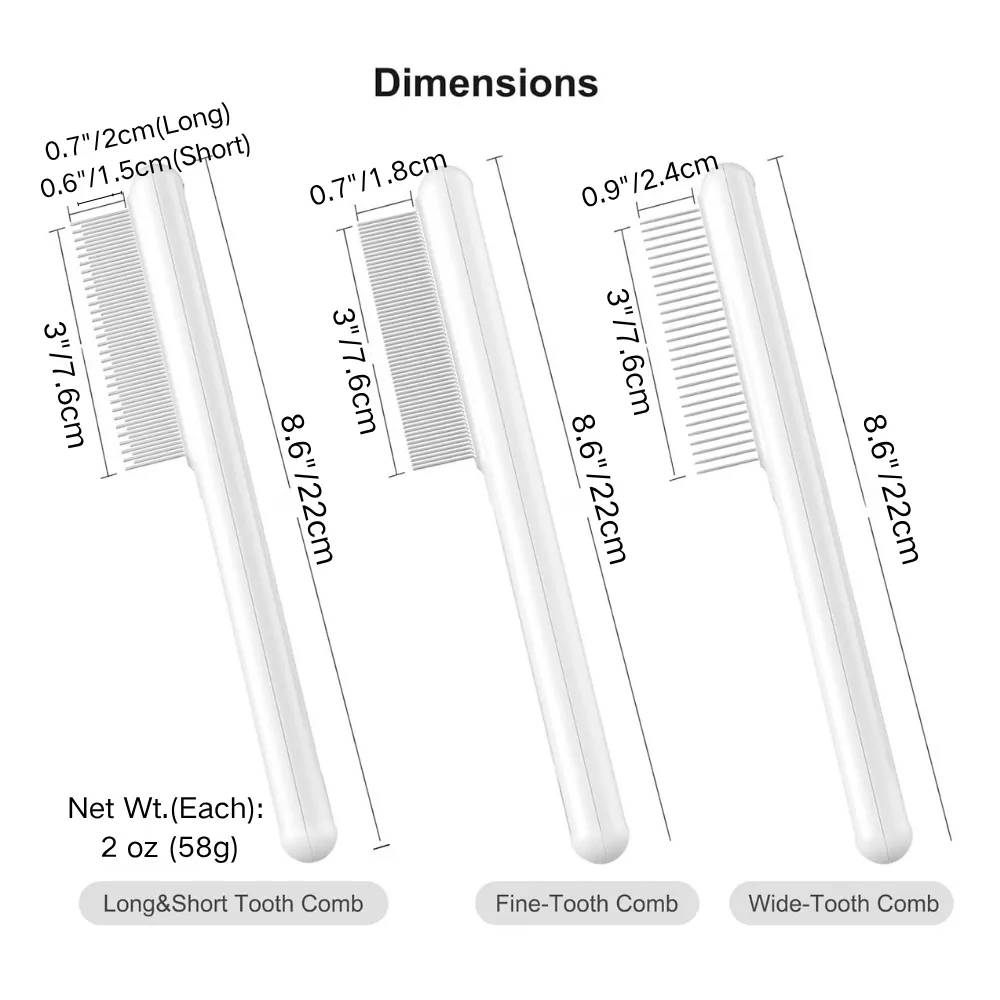 Size chart of stainless steel pet deshedding comb – dimensions for long, short, fine, and wide tooth options