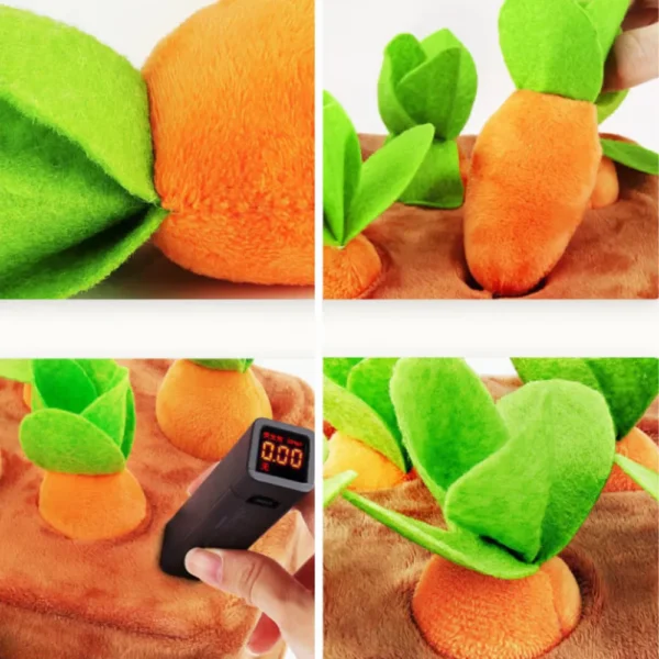 10003 Close-up of carrot plush dog toy showing durable rope and soft plush fabric