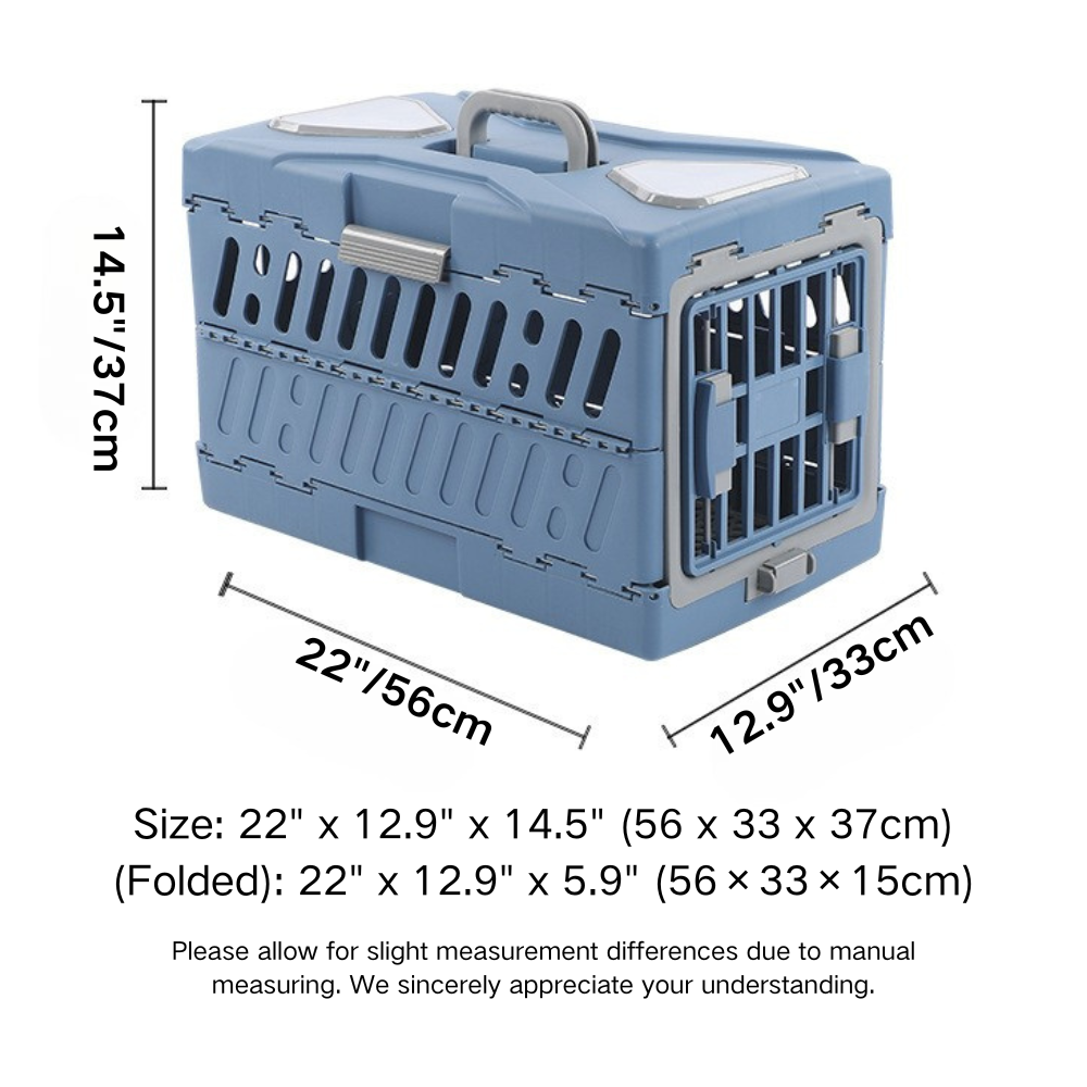 Size chart of durable hard-sided collapsible pet carrier crate for dogs and cats