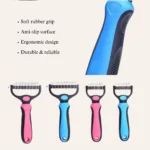 Close-up of stainless steel dematting comb teeth and ergonomic anti-slip handle for cats and large dogs